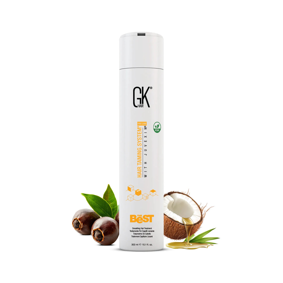 GK Hair The Best Smoothing Hair Treatment 300 ml white bottle with a white cap, vegan badge, palm fruit and coconut