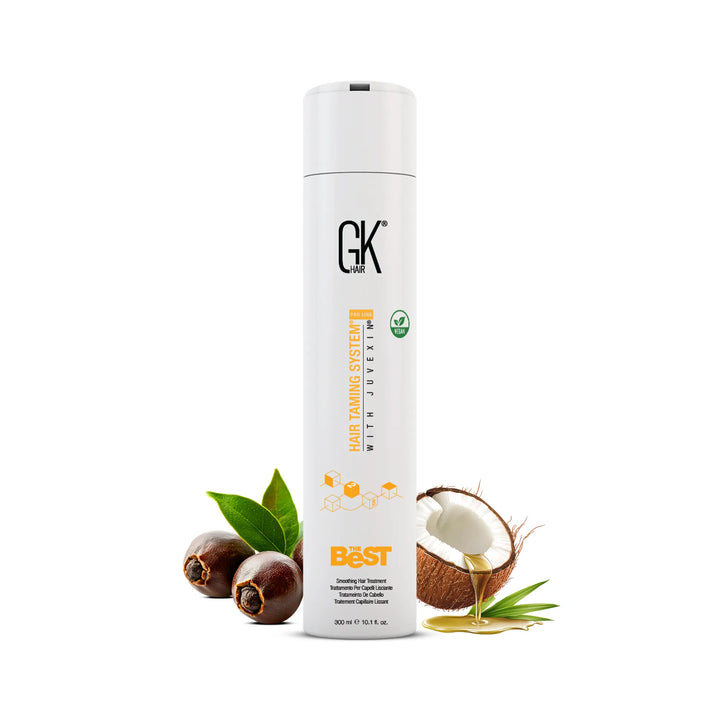 GK Hair The Best Smoothing Hair Treatment 300 ml white bottle with a white cap, vegan badge, palm fruit and coconut