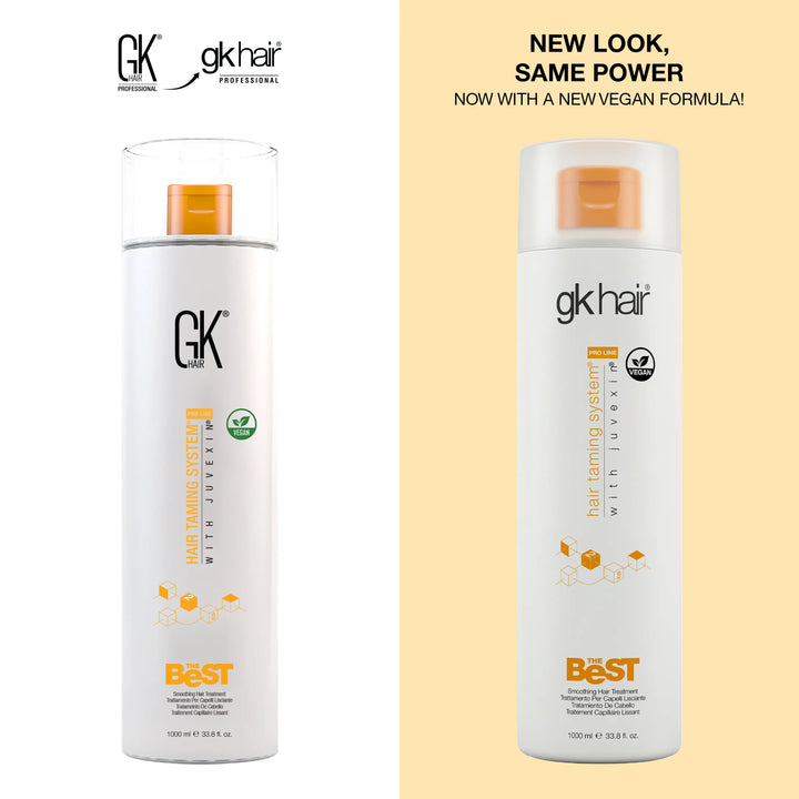 NEW LOOK, SAME POWER, NOW WITH A NEW VEGAN FORMULA: GK Hair The Best 1000 ml old bottle beside the new gkhair bottle