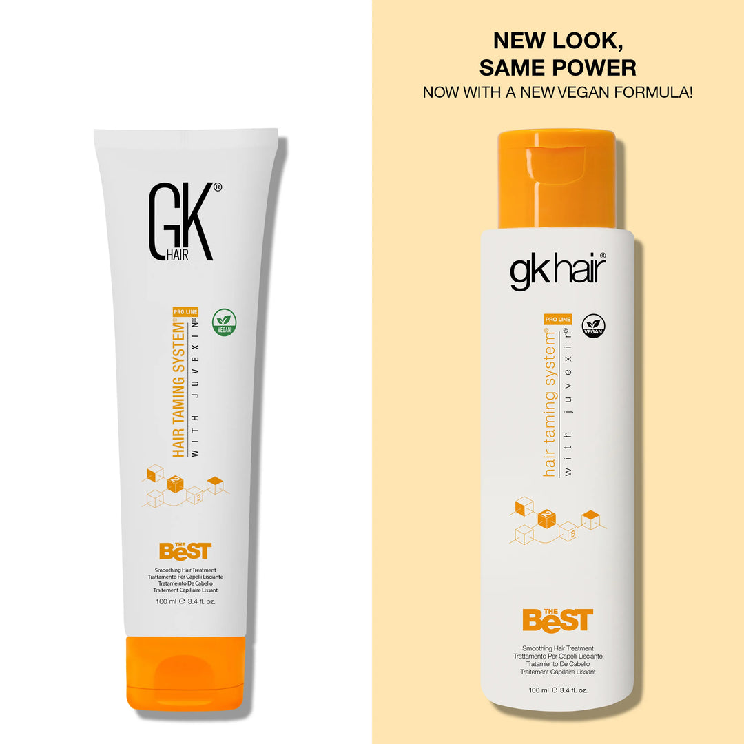 NEW LOOK, SAME POWER, NOW WITH A NEW VEGAN FORMULA: GK Hair The Best 100 ml old tube beside the new gkhair bottle