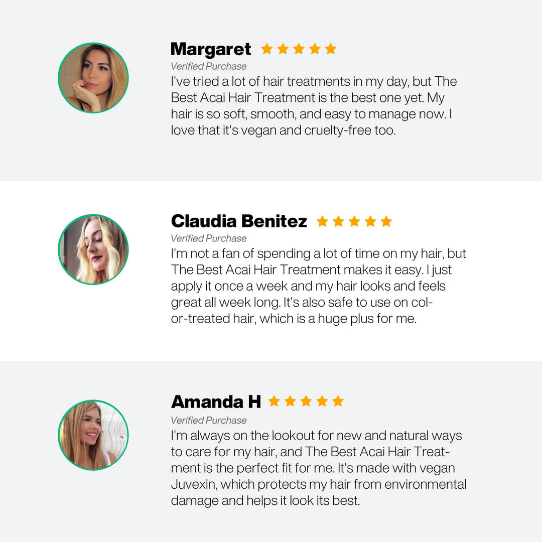 Three five-star verified reviews of GK Hair The Best Acai Hair Treatment praising soft, manageable hair and vegan Juvexin