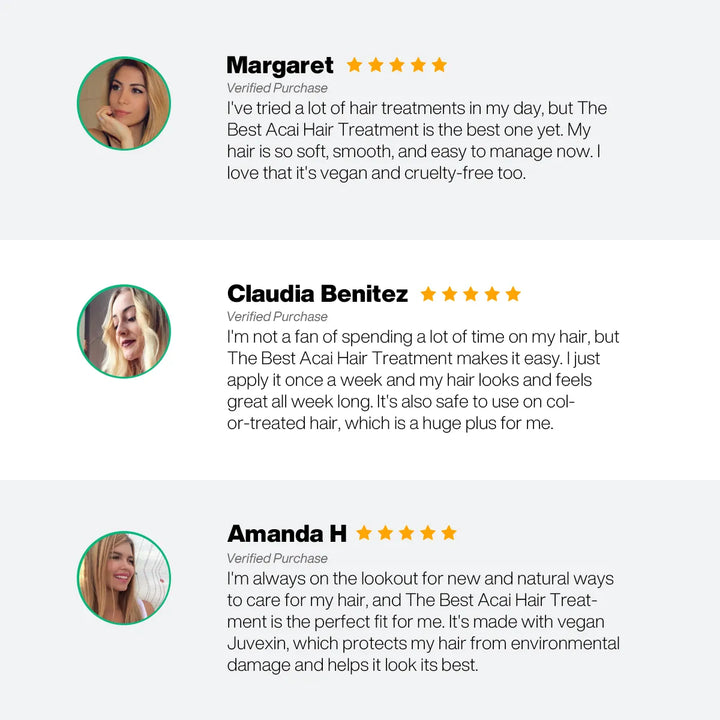 Three five-star verified reviews of GK Hair The Best Acai Hair Treatment praising soft, manageable hair and vegan Juvexin