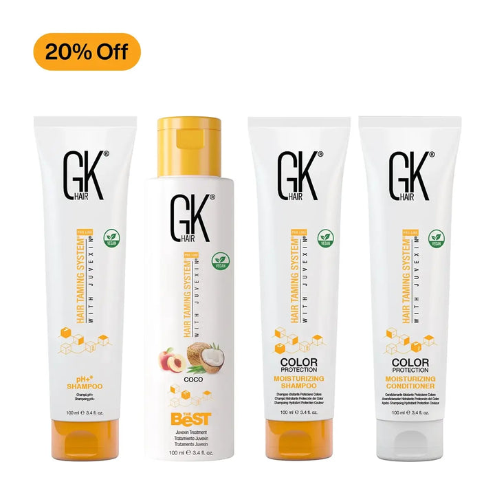 Four white GK Hair 100 ml packs under a "20% Off" badge: pH+ Shampoo, The Best Coco, Color Protection shampoo and conditioner
