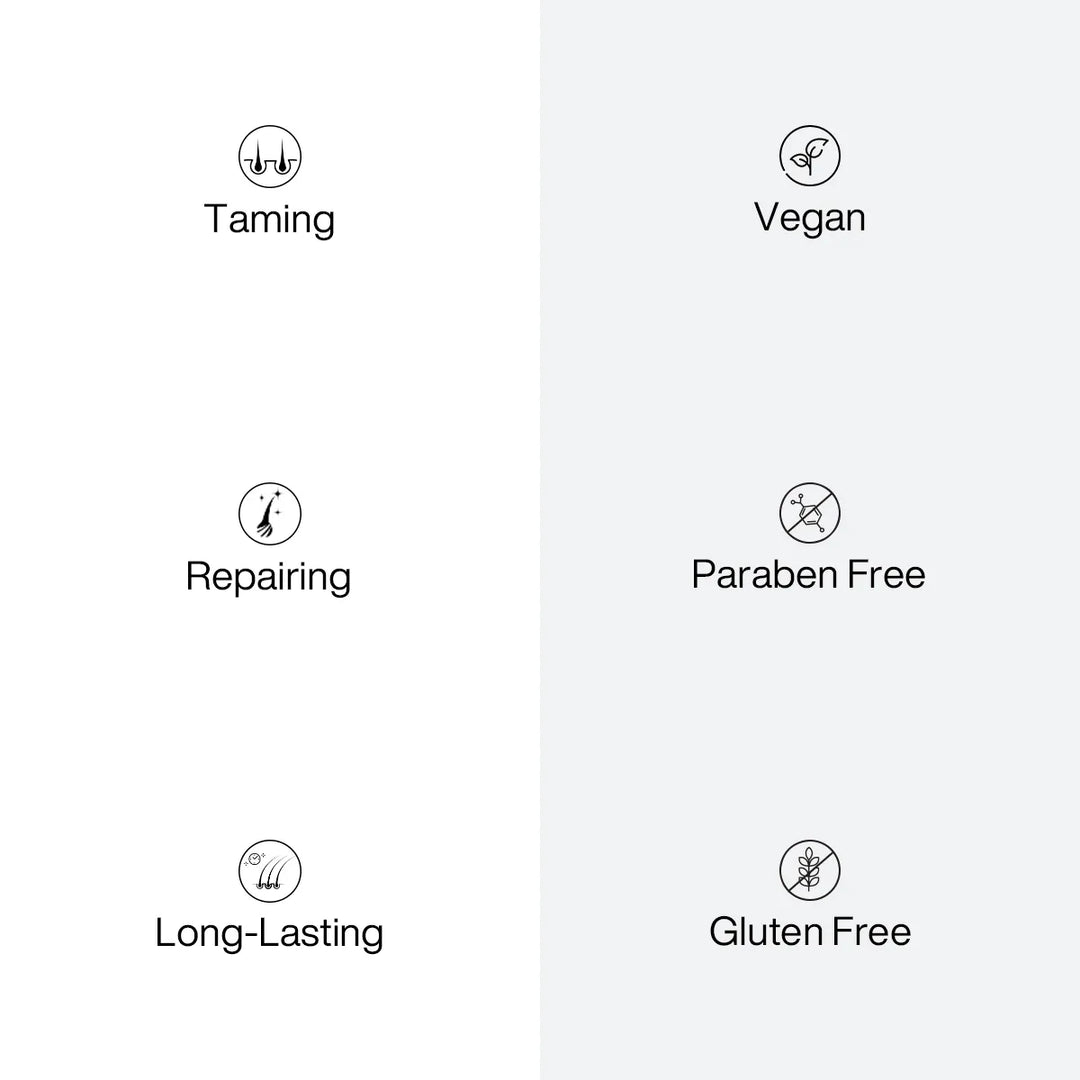 Feature icon grid reading Taming, Repairing, Long-Lasting, Vegan, Paraben Free and Gluten Free