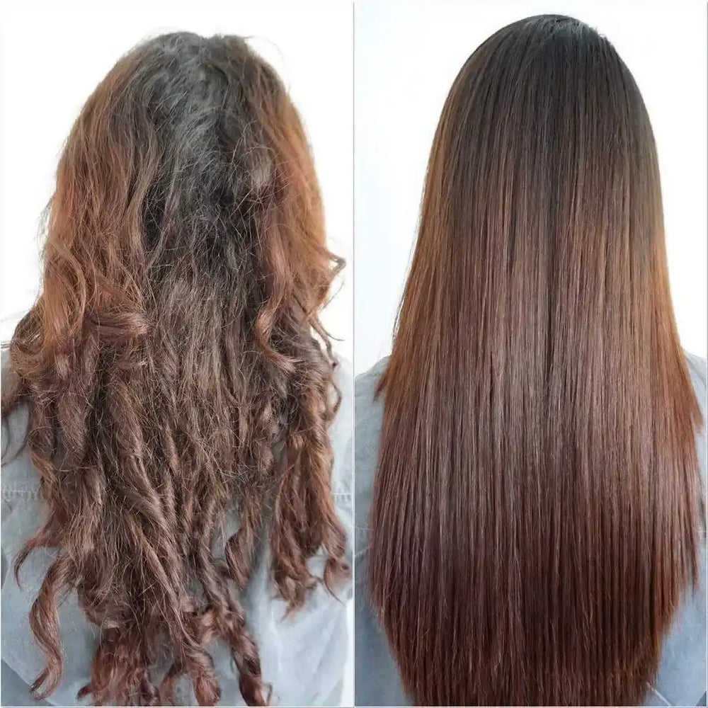 Before and after comparison of hair transformation with a person wearing a light-colored shirt.