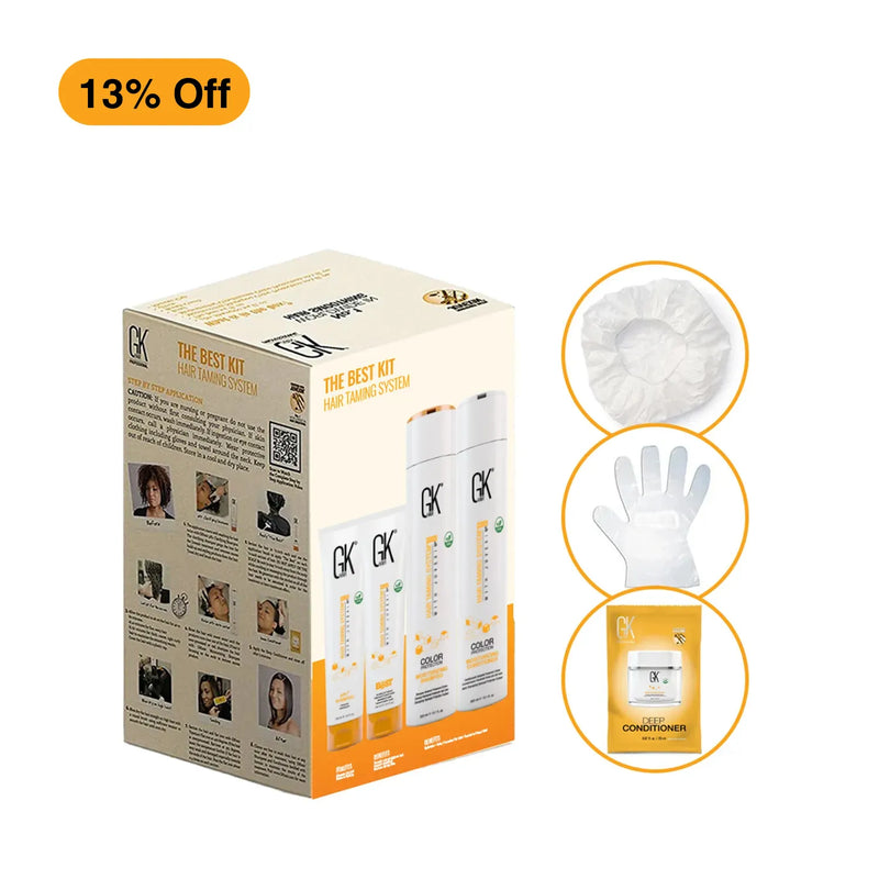 GK hair care product set with packaging and illustrations on a white background
