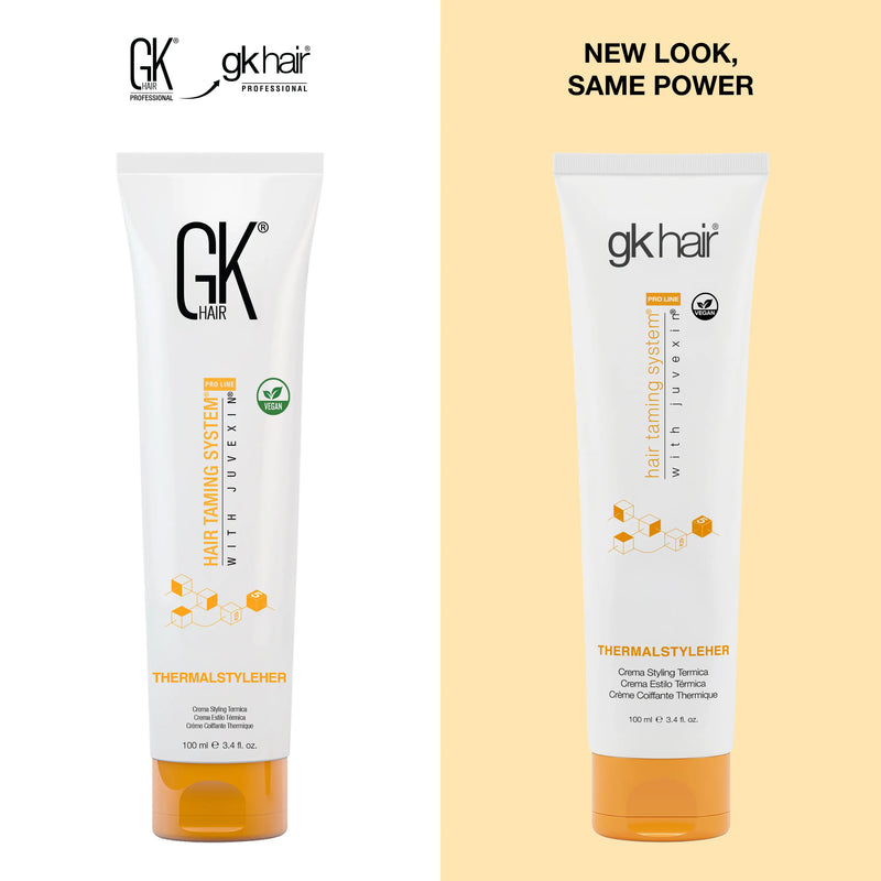 GK Hair ThermalStyleHer Cream 100 ml: old pack at left, new gkhair pack at right under the headline New Look, Same Power