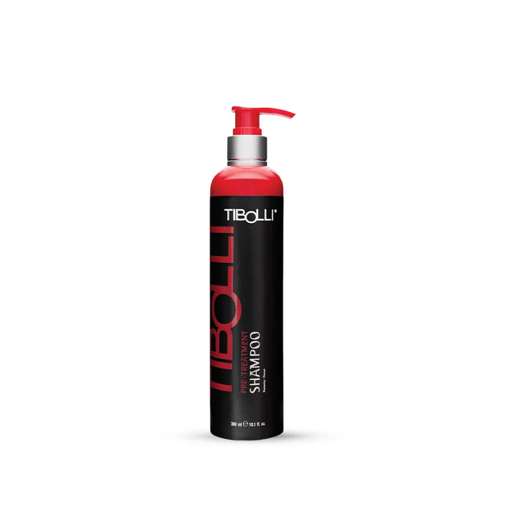 Tibolli Pre-Treatment Shampoo 300 ml black and red bottle with a red pump dispenser on a white background