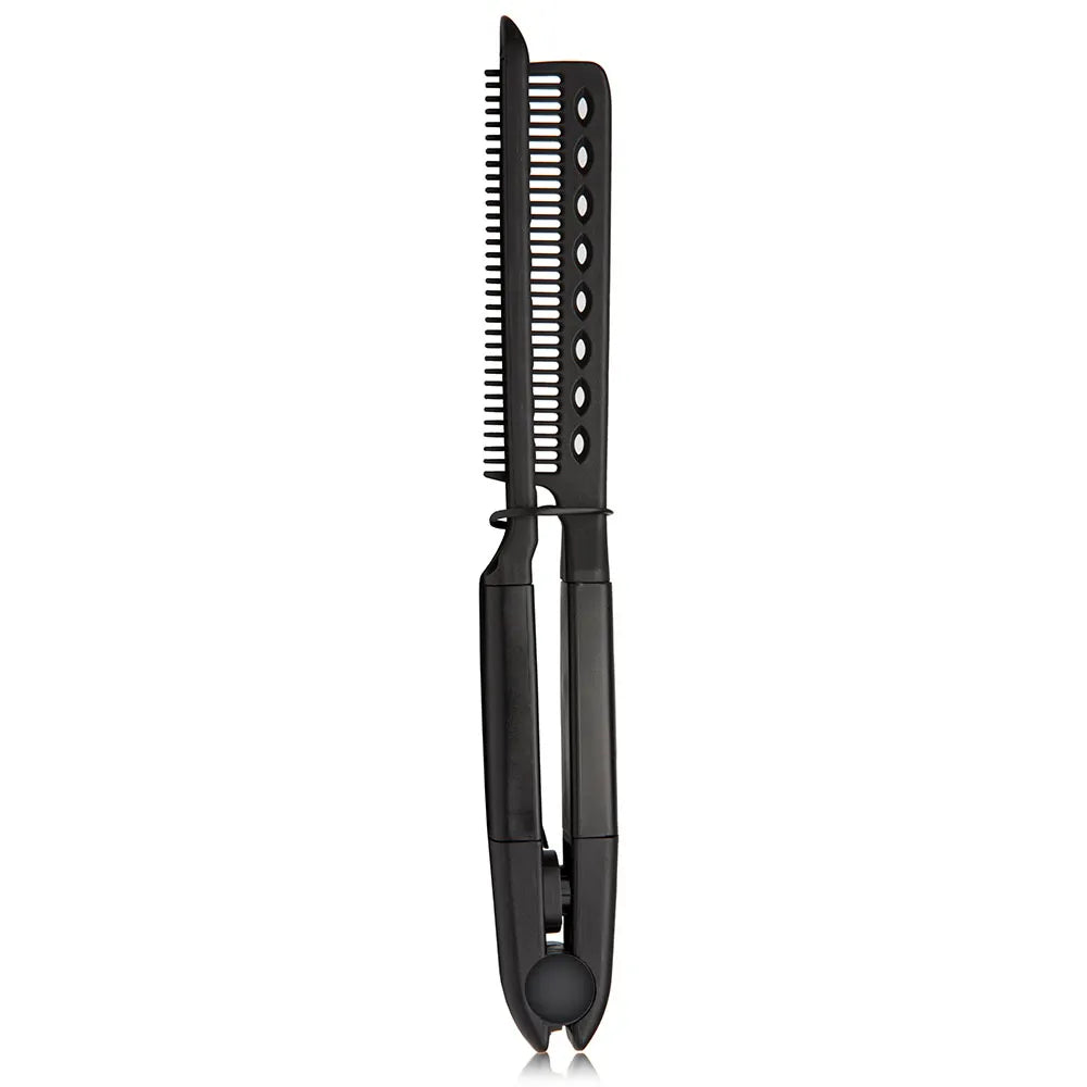 Tibolli Easy Comb black V-shaped straightening comb standing closed and upright, teeth at the top, on white
