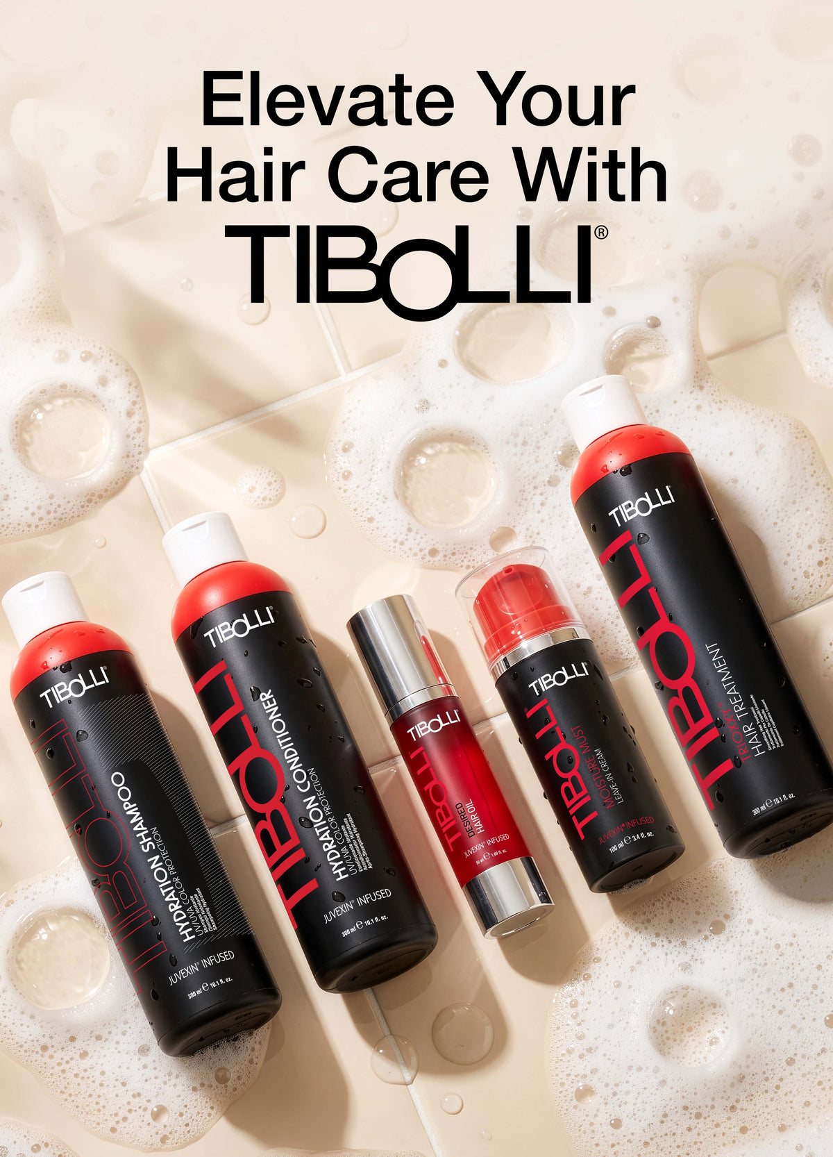 'Elevate Your Hair Care With TIBOLLI' banner: Hydrate & Nourish, Protect & Maintain, Enhance Shine & Softness; five Tibolli bottles on foam