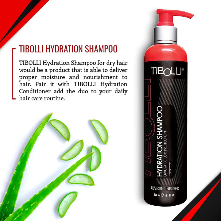 Tibolli Hydration Shampoo panel: 300 ml black bottle, red pump, Juvexin infused, moisture for dry hair, pair with the Conditioner