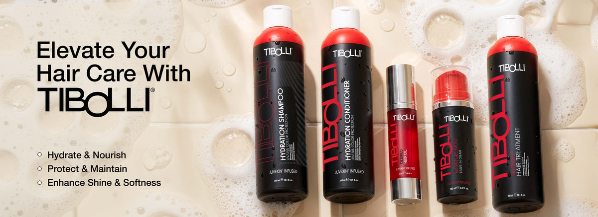 Wide 'Elevate Your Hair Care With TIBOLLI' banner: Hydrate & Nourish, Protect & Maintain, Enhance Shine & Softness; five Tibolli bottles