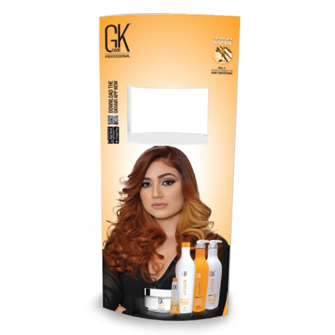 GK Hair Professional cardboard display totem in orange: model with copper-to-blonde waves, app QR code, product shelf