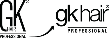 Arrow pointing from the old GK HAIR PROFESSIONAL logo to the new lowercase gk hair PROFESSIONAL wordmark on white
