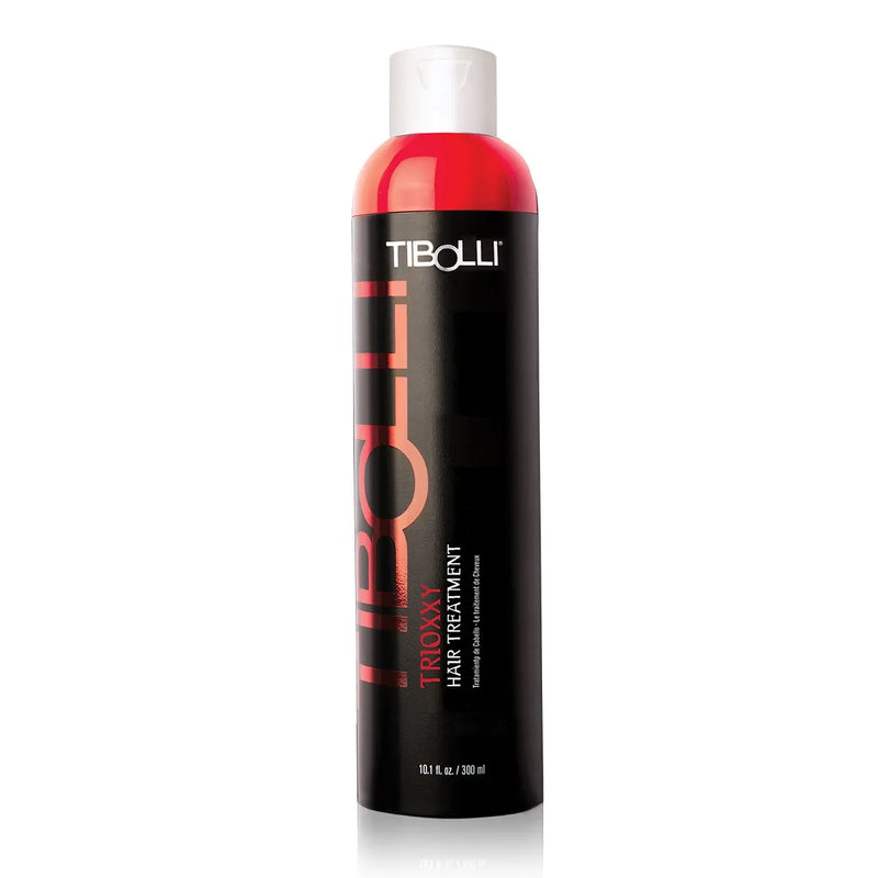 Tibolli Trioxxy Hair Treatment, black bottle with red shoulder and white flip cap, printed 10.1 fl. oz. / 300 ml