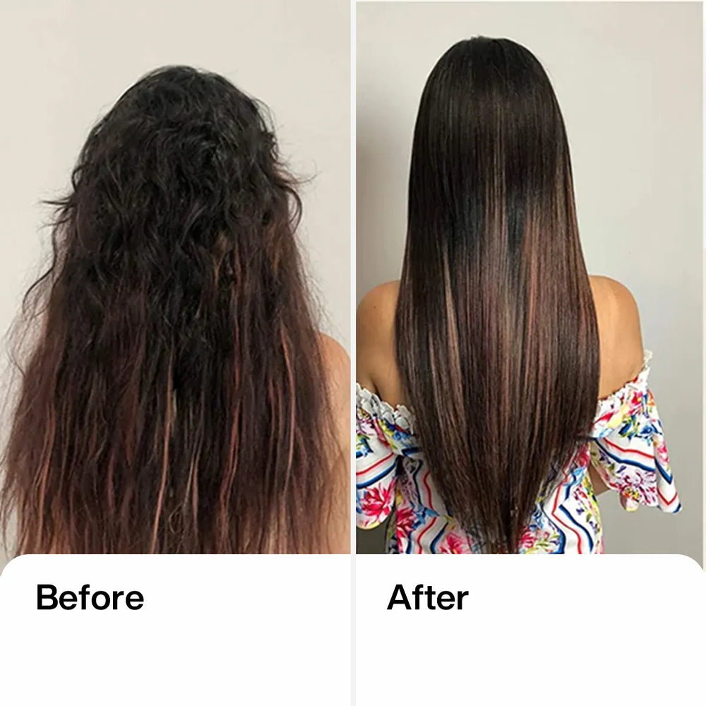 Back view before and after: left, frizzy wavy dark brown hair; right, the same hair sleek, straight and glossy