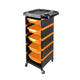 Black and orange rolling cart with multiple drawers on a white background