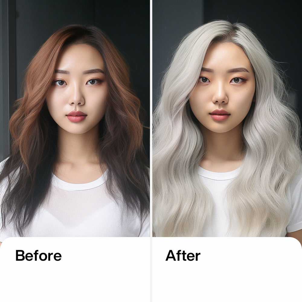 GK Hair Ultra Blonde Bombshell Masque before and after: brassy copper and dark hair at left, icy silver-white waves at right