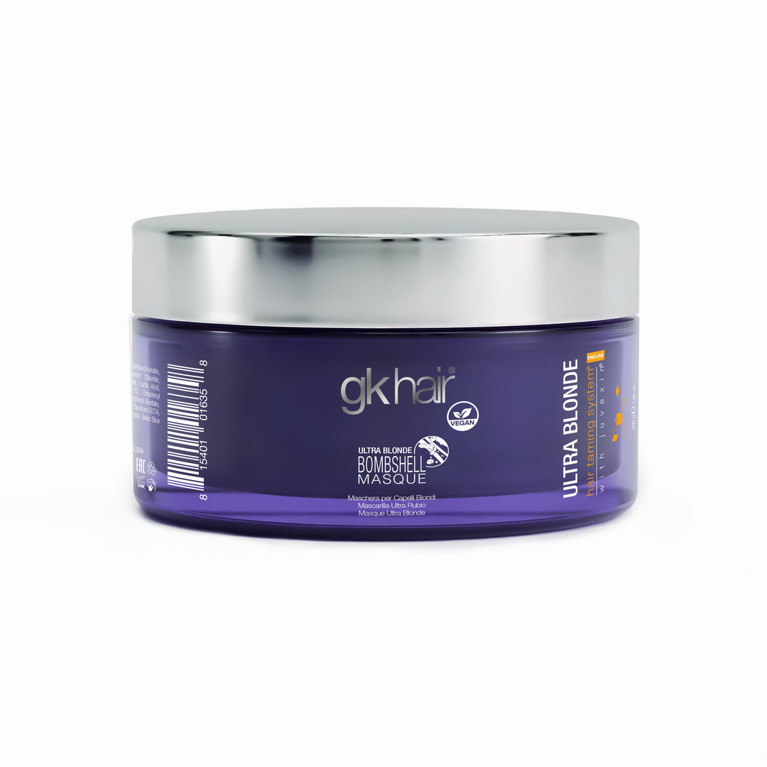 Purple hair mask jar with silver lid on a white background