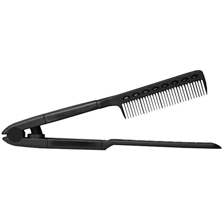 Tibolli Easy Comb black V-shaped straightening comb seen from the side with its arms half open on white
