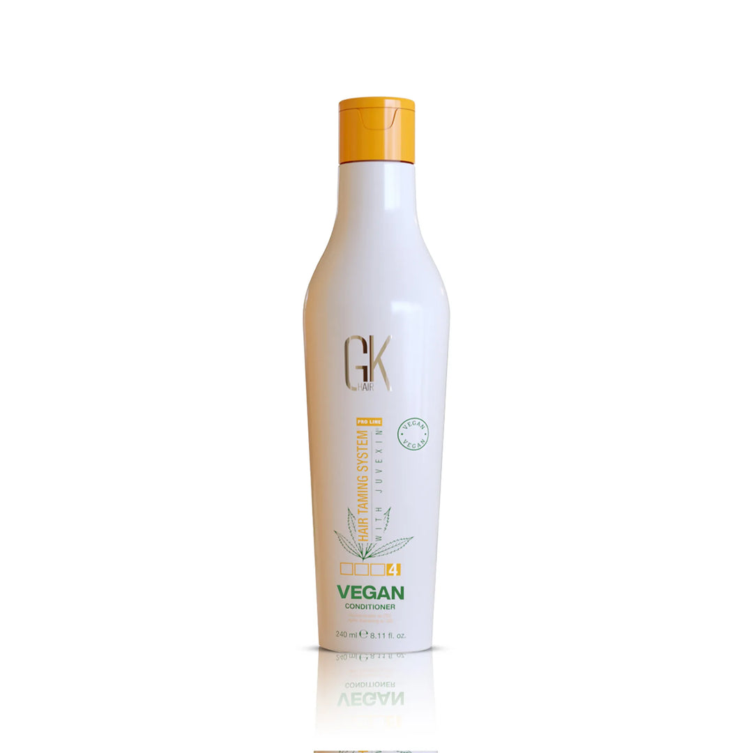 GK Hair Vegan Conditioner 240 ml white bottle with an orange flip cap, front view with reflection on white