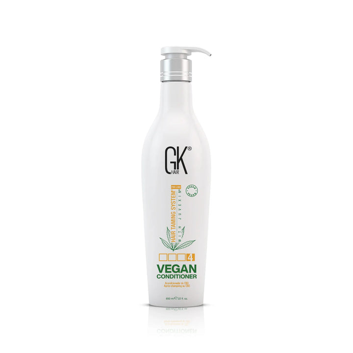 GK Hair Vegan Conditioner 650 ml white pump bottle, front view of the green VEGAN CONDITIONER label on white