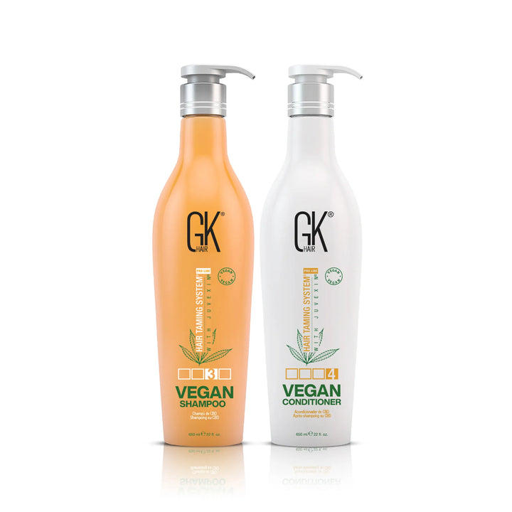 GK Hair Vegan Shampoo and Vegan Conditioner 650 ml pump bottles, peach and white, side by side on white