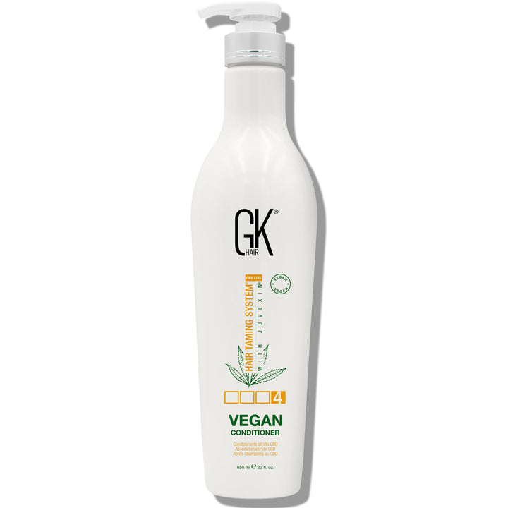 GK Hair Vegan Shampoo 650ml featuring a pump dispenser and branding, labeled as part of the Hair Taming System.