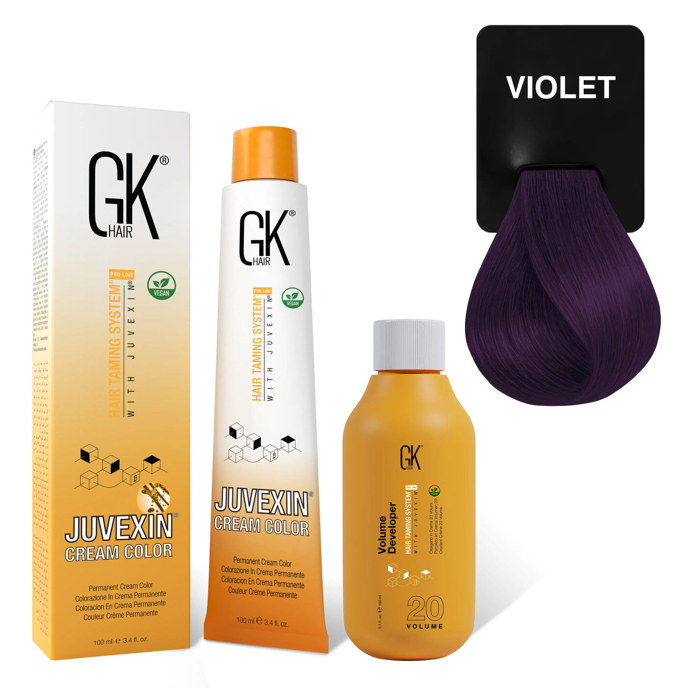 GK Hair's Juvexin Violet Cream Color product set including Volume Developer.
