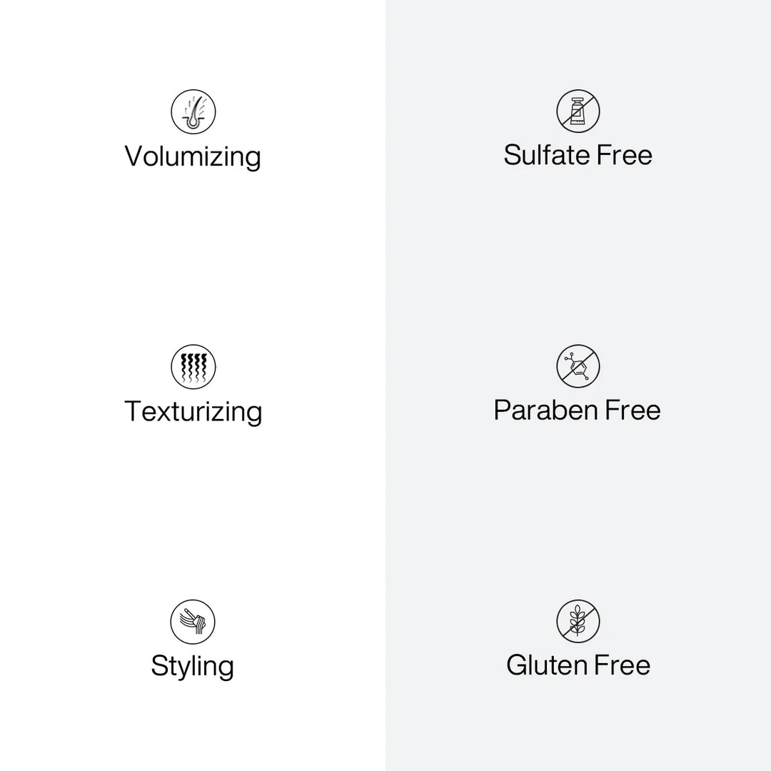 Six benefit icons: Volumizing, Texturizing, Styling, Sulfate Free, Paraben Free, Gluten Free