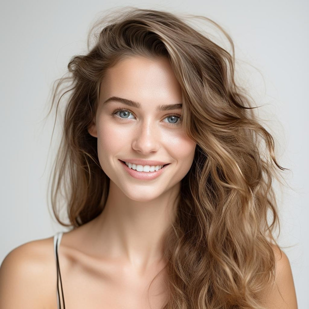 Smiling woman with long, voluminous wavy light-brown hair falling over one shoulder on a plain white background
