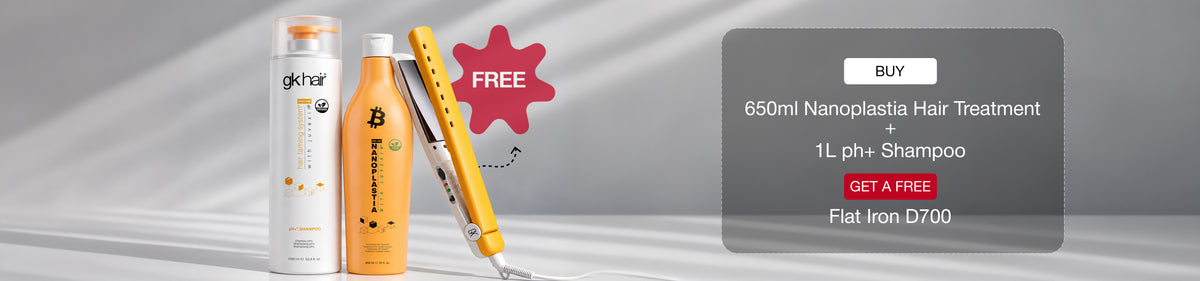 Wide 'BUY 650ml Nanoplastia Hair Treatment + 1L pH+ Shampoo, GET A FREE Flat Iron D700' banner: bottles beside a yellow flat iron
