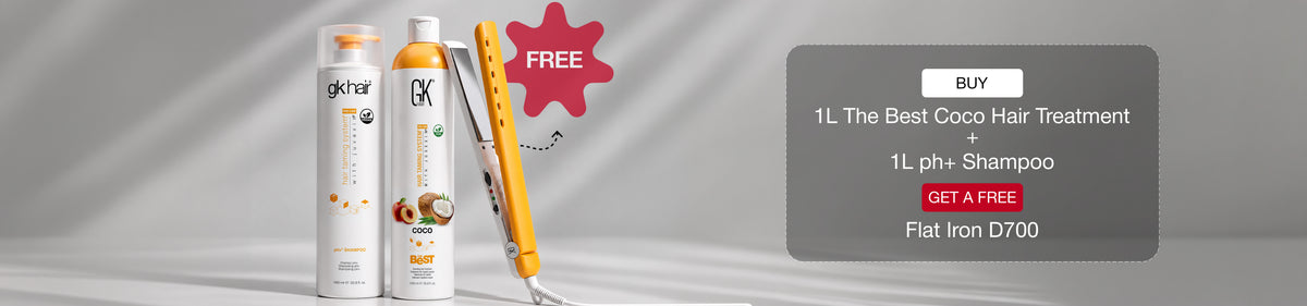 Wide 'BUY 1L The Best Coco Hair Treatment + 1L pH+ Shampoo, GET A FREE Flat Iron D700' banner: bottles beside a yellow flat iron