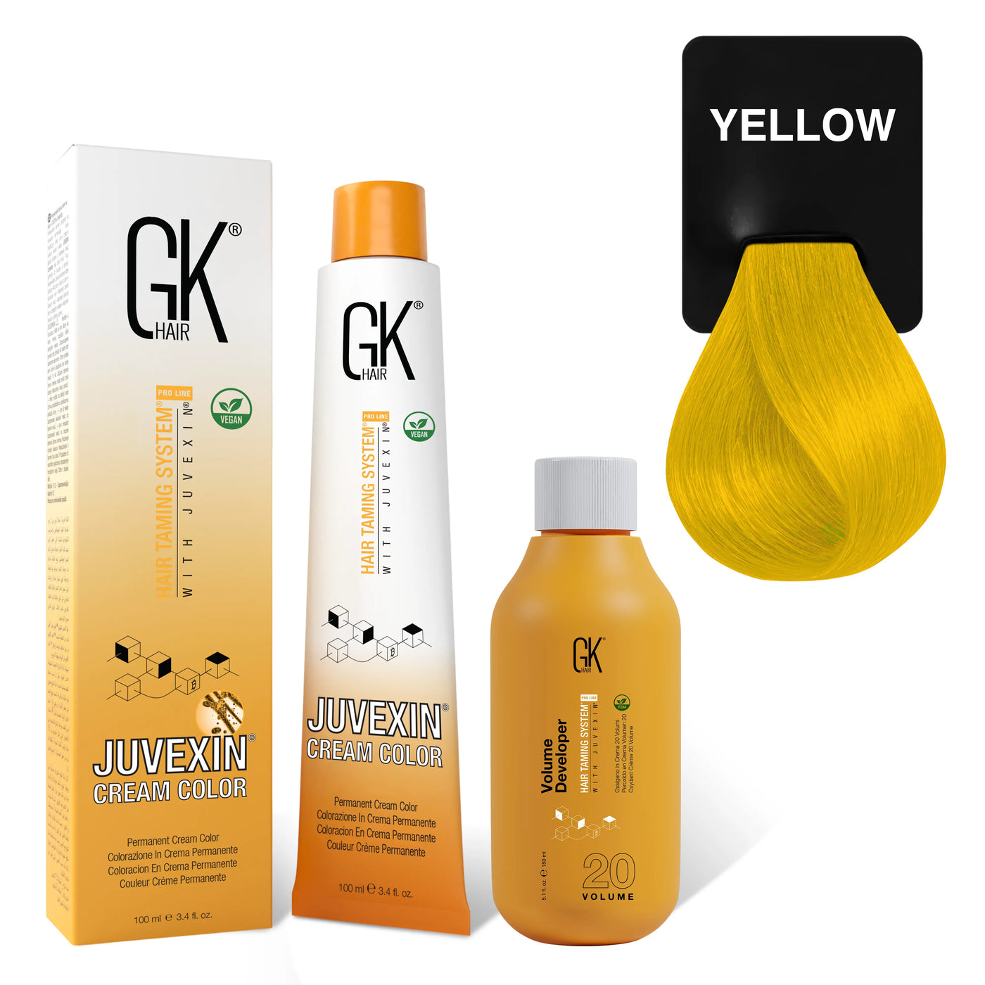 GK Hair's Juvexin Yellow Cream Color product set including Volume Developer.