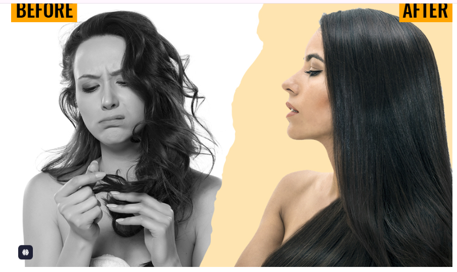 Before and after: at left in gray, a woman frowning at frizzy damaged ends; at right in color, long glossy straight black hair