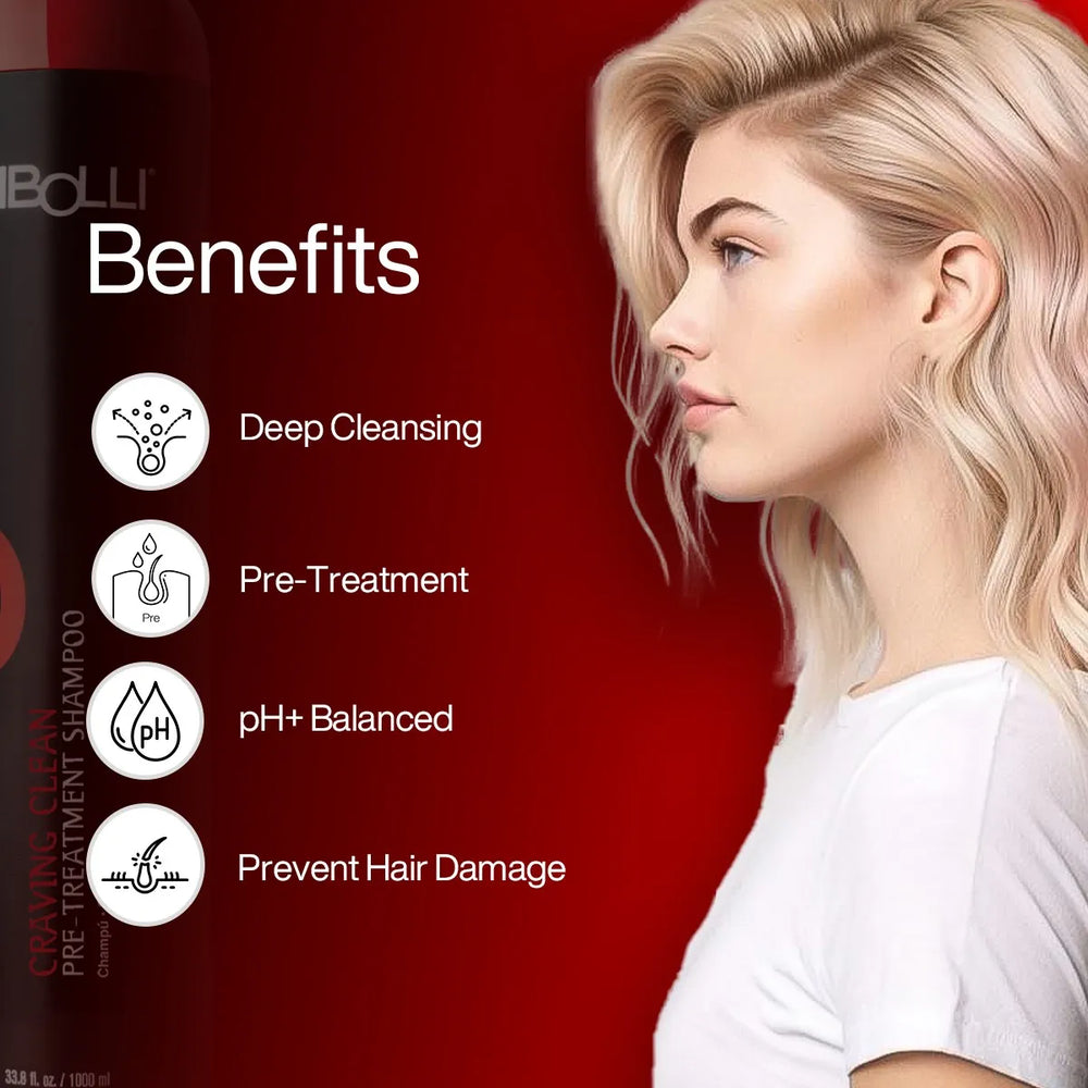 Tibolli Craving Clean Pre-Treatment Shampoo benefits panel: Deep Cleansing, Pre-Treatment, pH+ Balanced, Prevent Hair Damage