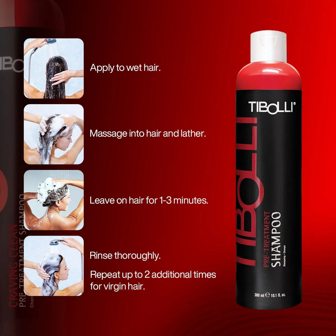 Tibolli Pre-Treatment Shampoo: apply to wet hair, massage to lather, leave 1-3 minutes, rinse; repeat up to 2 more times for virgin hair