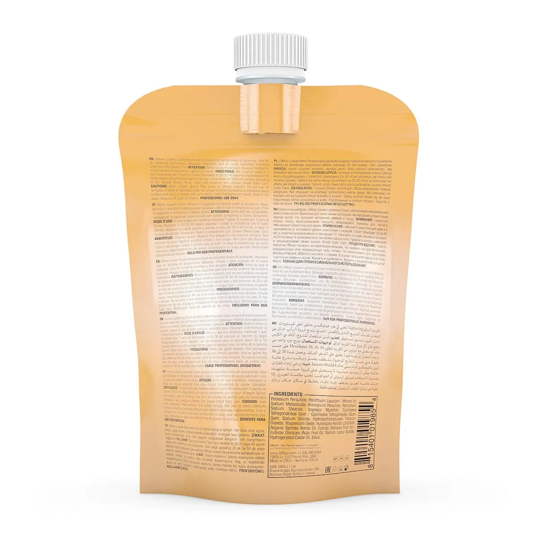 GK Hair Juvexin Lightening Cream Pro gold pouch, white cap, back view: multilingual directions, cautions, ingredients, barcode