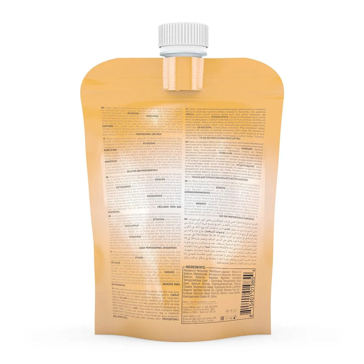 GK Hair Juvexin Lightening Cream Pro gold pouch, white cap, back view: multilingual directions, cautions, ingredients, barcode