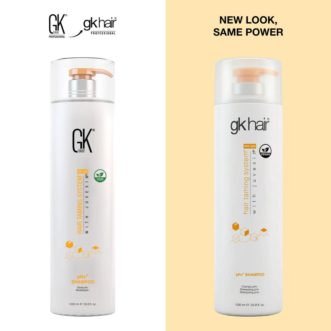 GK Hair pH+ Shampoo 1000 ml pump bottle: old pack at left, new gk hair pack at right, headline NEW LOOK, SAME POWER