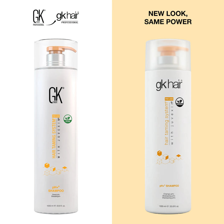 GK Hair pH+ Shampoo 1000 ml pump bottle: old pack at left, new gk hair pack at right, headline NEW LOOK, SAME POWER