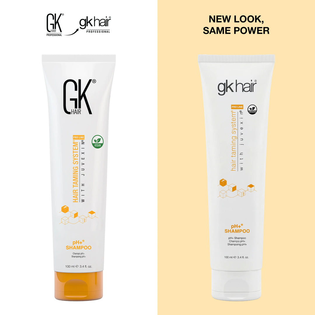 GK Hair pH+ Shampoo 100 ml tube: old pack at left, new gk hair pack at right, headline NEW LOOK, SAME POWER