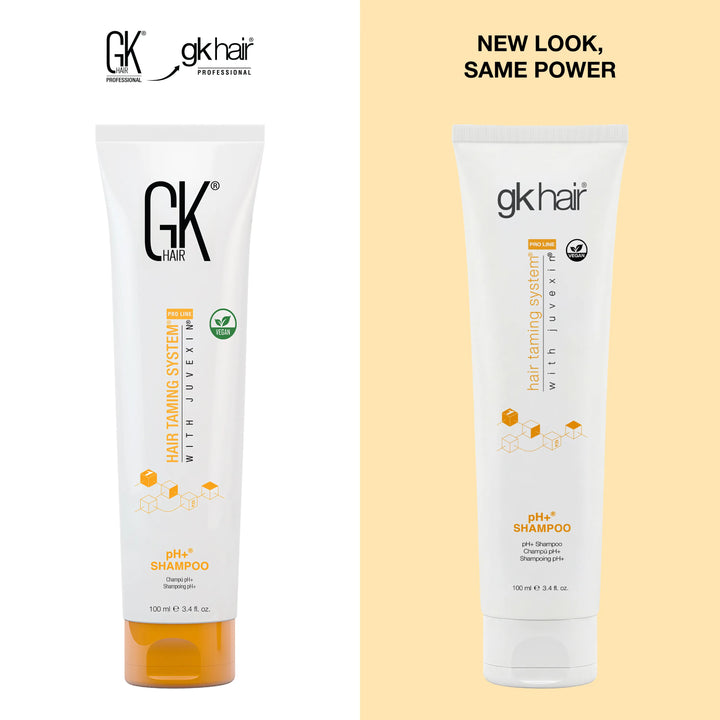 GK Hair pH+ Shampoo 100 ml tube: old pack at left, new gk hair pack at right, headline NEW LOOK, SAME POWER