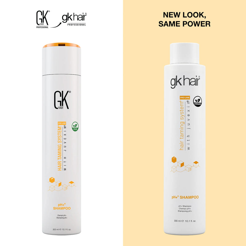 GK Hair pH+ Shampoo Pro 300 ml old orange-cap bottle beside the new white-cap design, headline "NEW LOOK, SAME POWER"