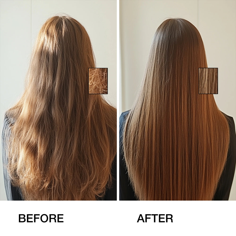 A Model the Back View of her Hair Before and After Using GK Hair pH+ Shampoo