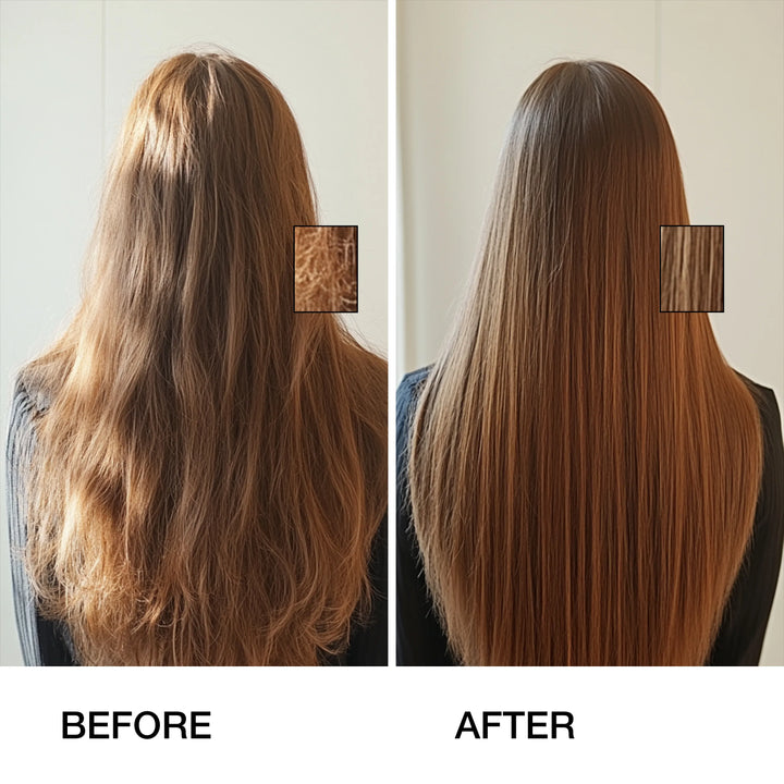 A Model the Back View of her Hair Before and After Using GK Hair pH+ Shampoo