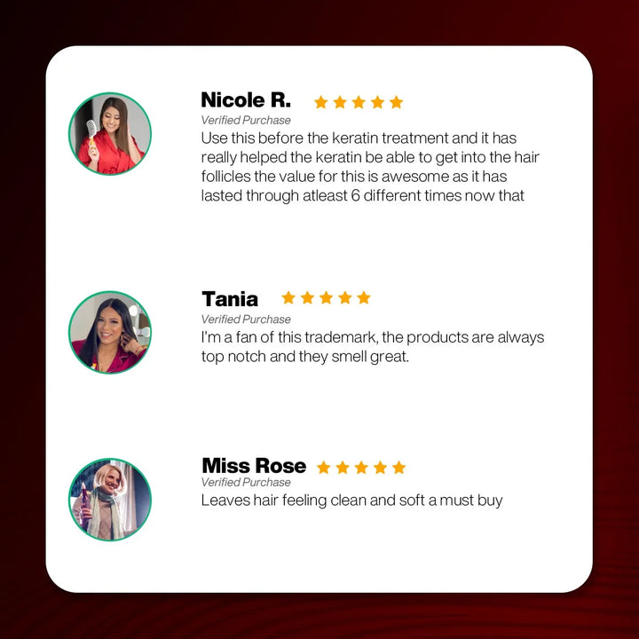 Three five-star verified reviews from Nicole R., Tania and Miss Rose: helps keratin absorb, smells great, hair clean and soft