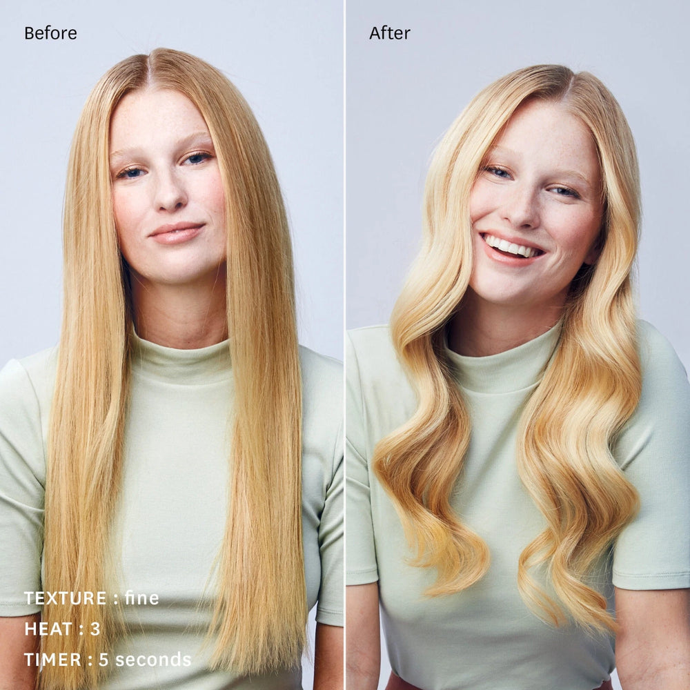 GK Hair Barrel C880 Curling Iron before and after: long straight blonde hair, then loose waves. Texture fine, heat 3, timer 5 seconds