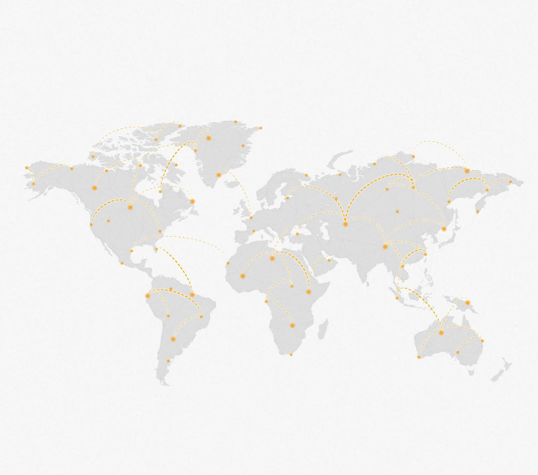 Pale gray world map with orange dots on cities across every continent, linked by dashed orange arcs like flight paths
