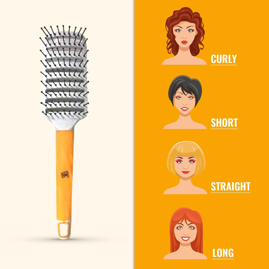 GK Hair Vent Brush 2.5 inch Pro beside illustrated faces labeled Curly, Short, Straight and Long on an orange panel